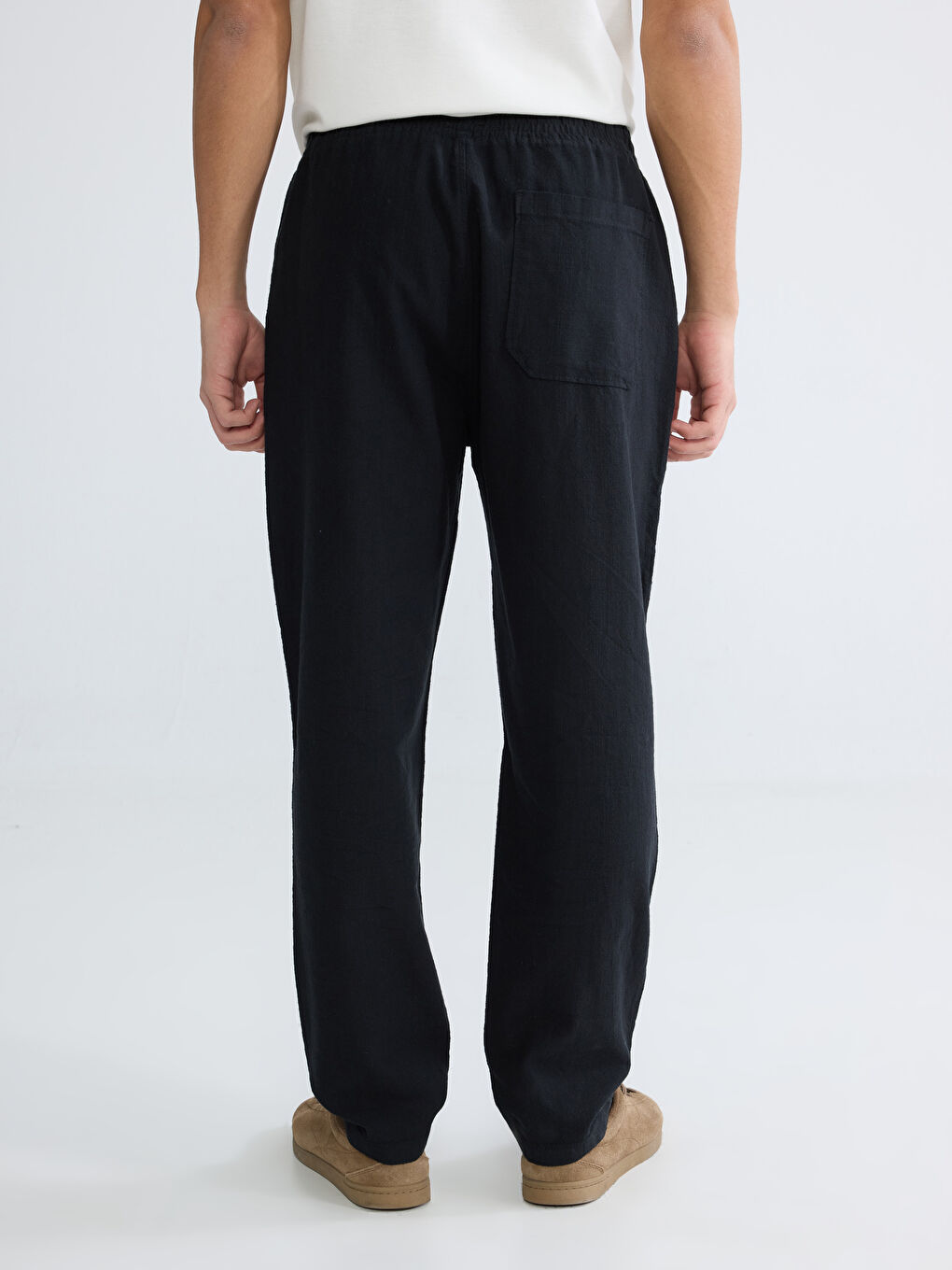 Siyah Rahat Kalıp Keten Görünümlü Erkek Pantolon-9