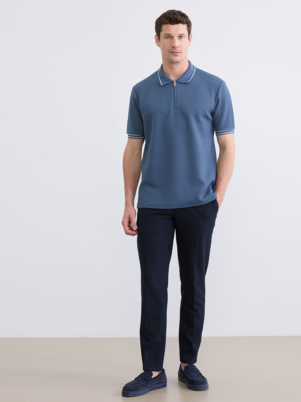 Petrol Çizgili Polo Yaka Erkek Tişört-1