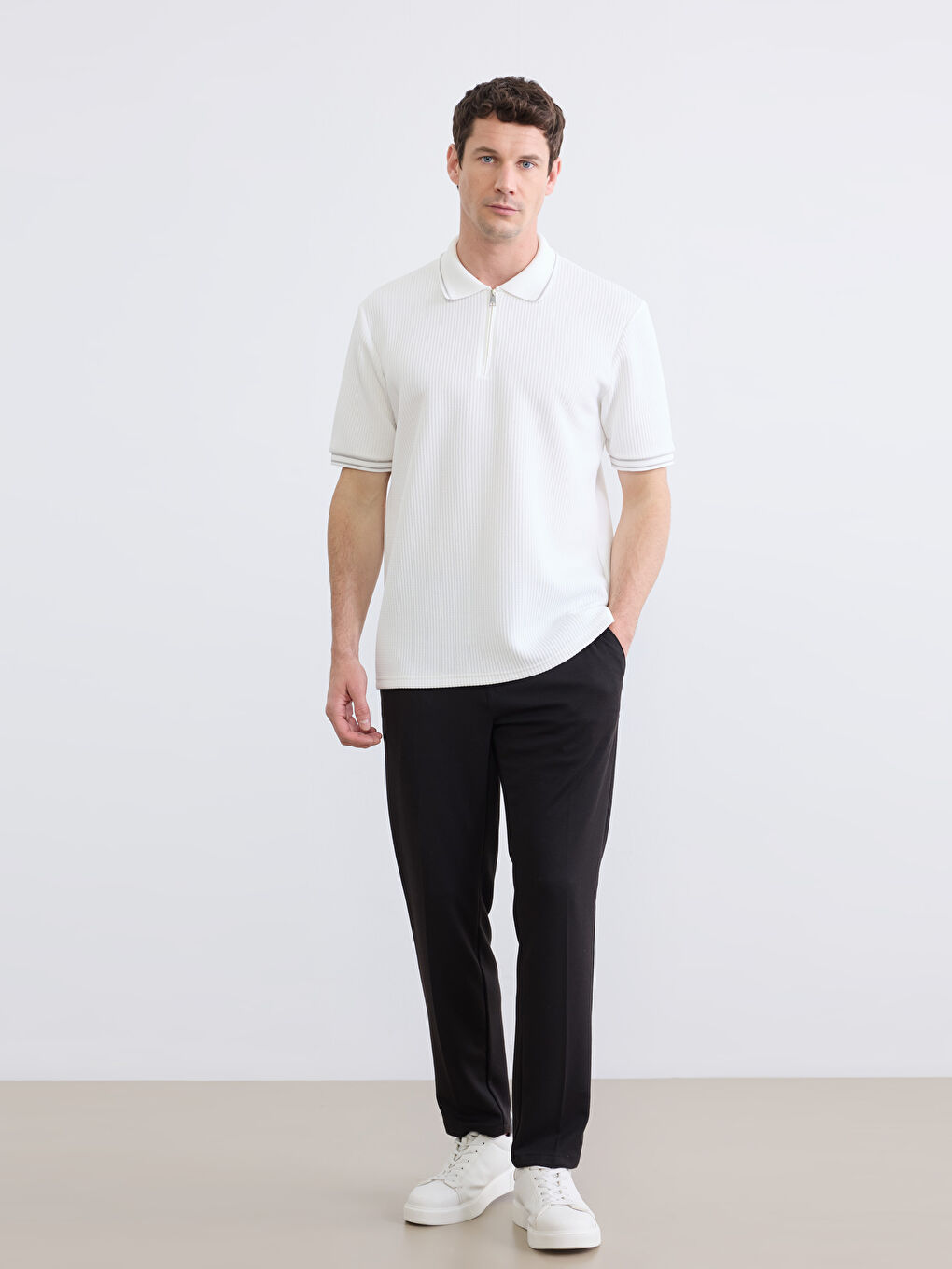 Ekru Çizgili Polo Yaka Erkek Tişört-1