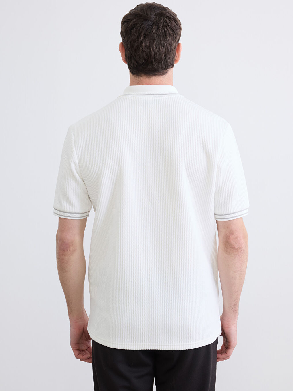 Ekru Çizgili Polo Yaka Erkek Tişört-3