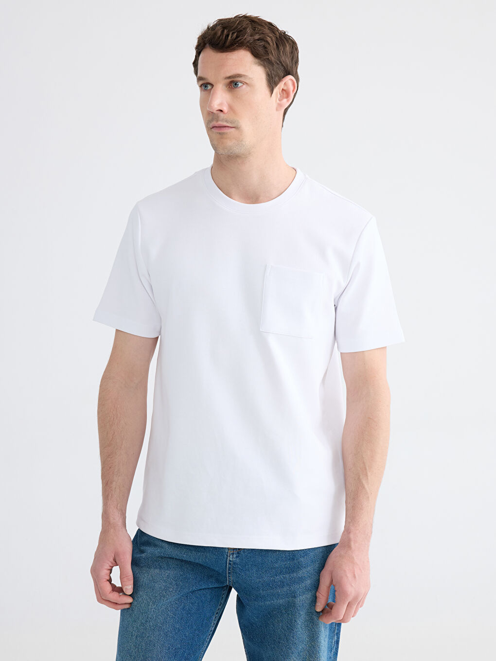 Beyaz Bisiklet Yaka Erkek Tişört