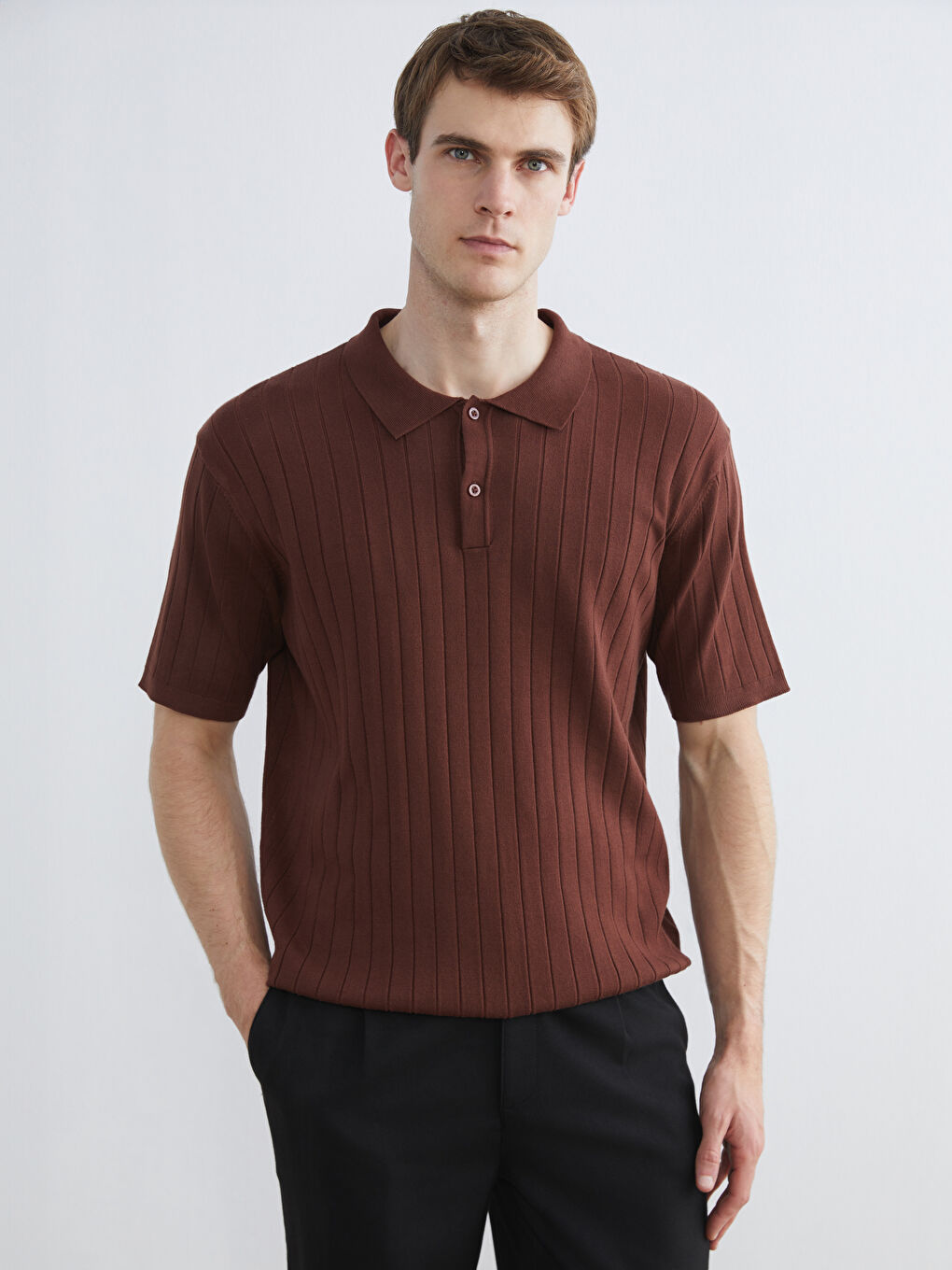 Polo Neck Short Sleeve Men's Knitwear Sweater