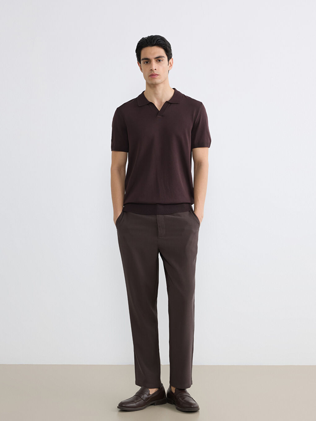 Kahverengi Polo Yaka Kısa Kollu Erkek Triko Kazak-1