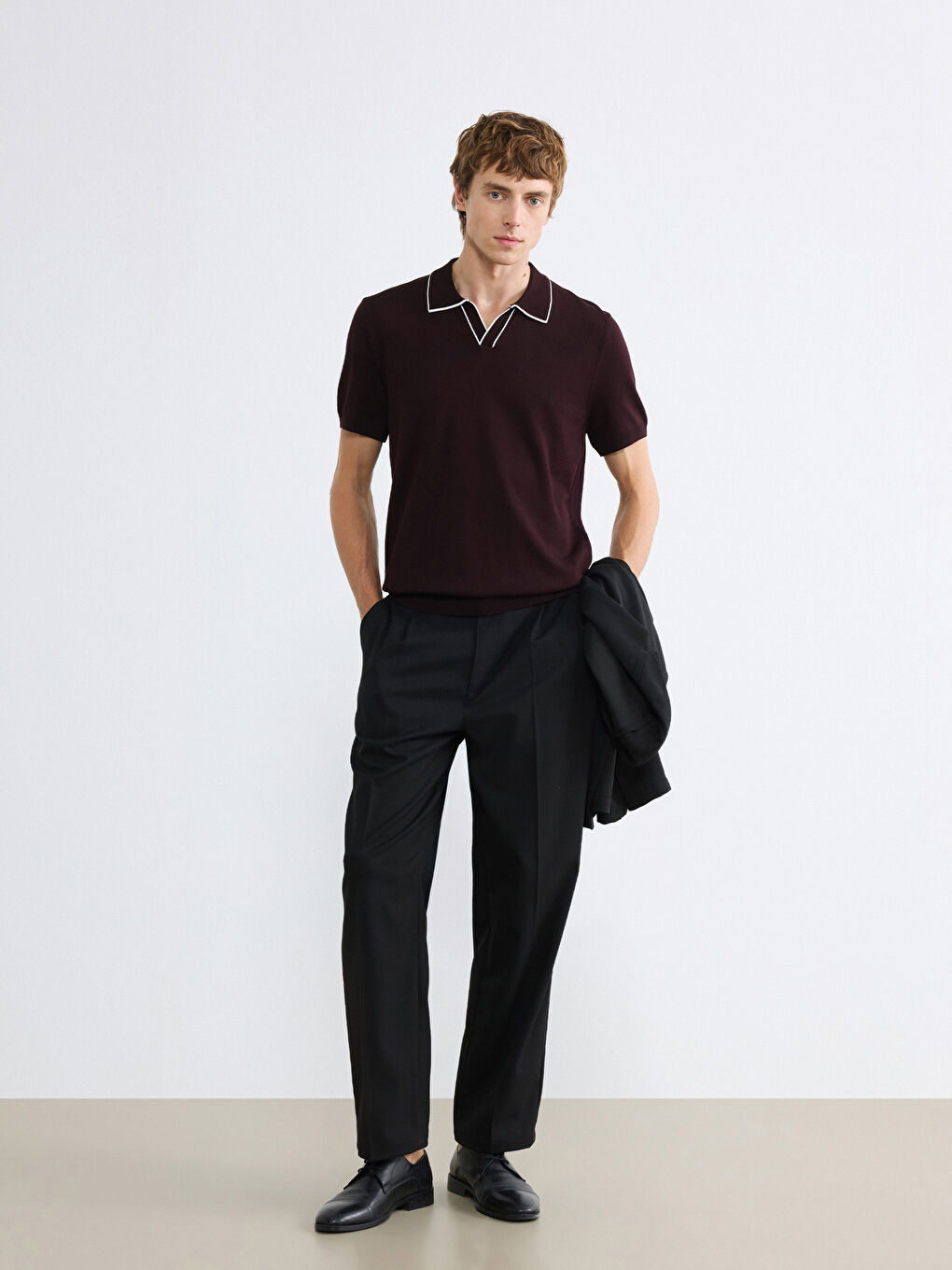 Kahverengi Polo Yaka Kısa Kollu Erkek Triko Kazak-1