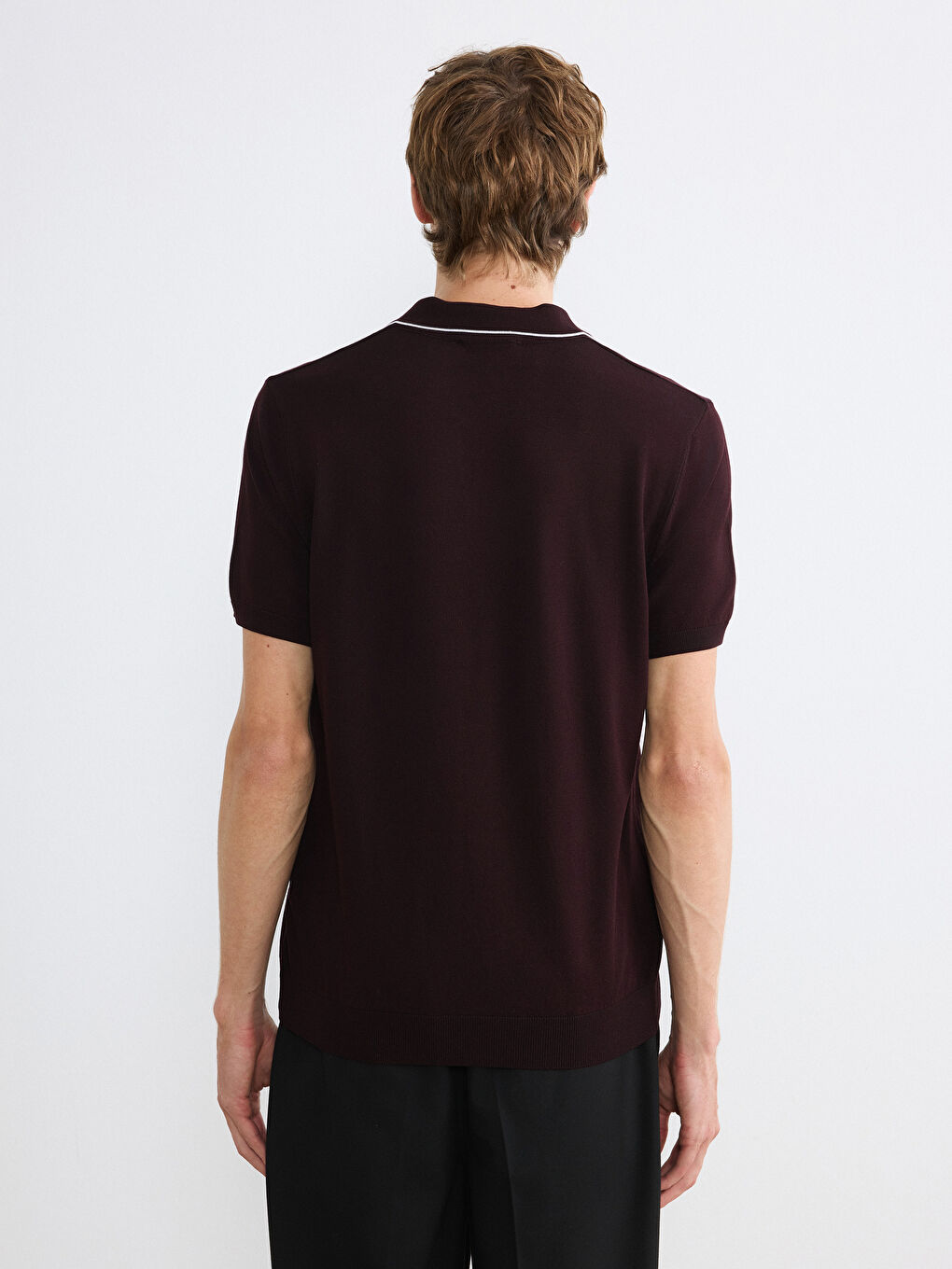 Kahverengi Polo Yaka Kısa Kollu Erkek Triko Kazak-3