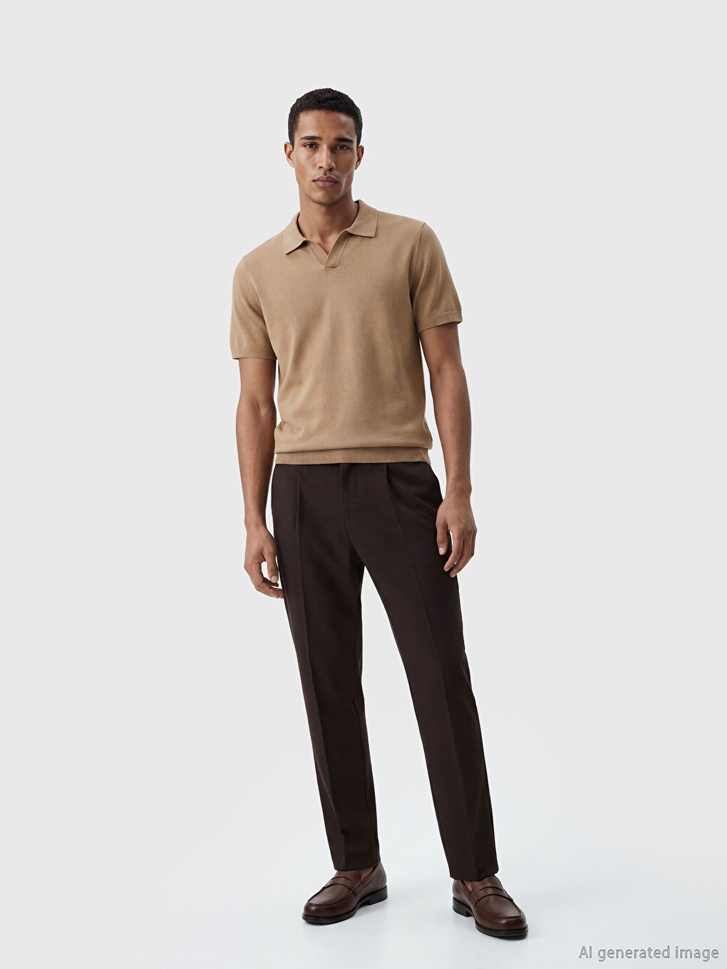 Kahverengi Polo Yaka Erkek Triko Tişört-1