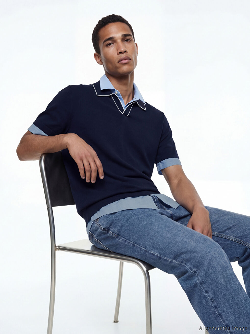 Lacivert Polo Yaka Kısa Kollu Erkek Triko Kazak