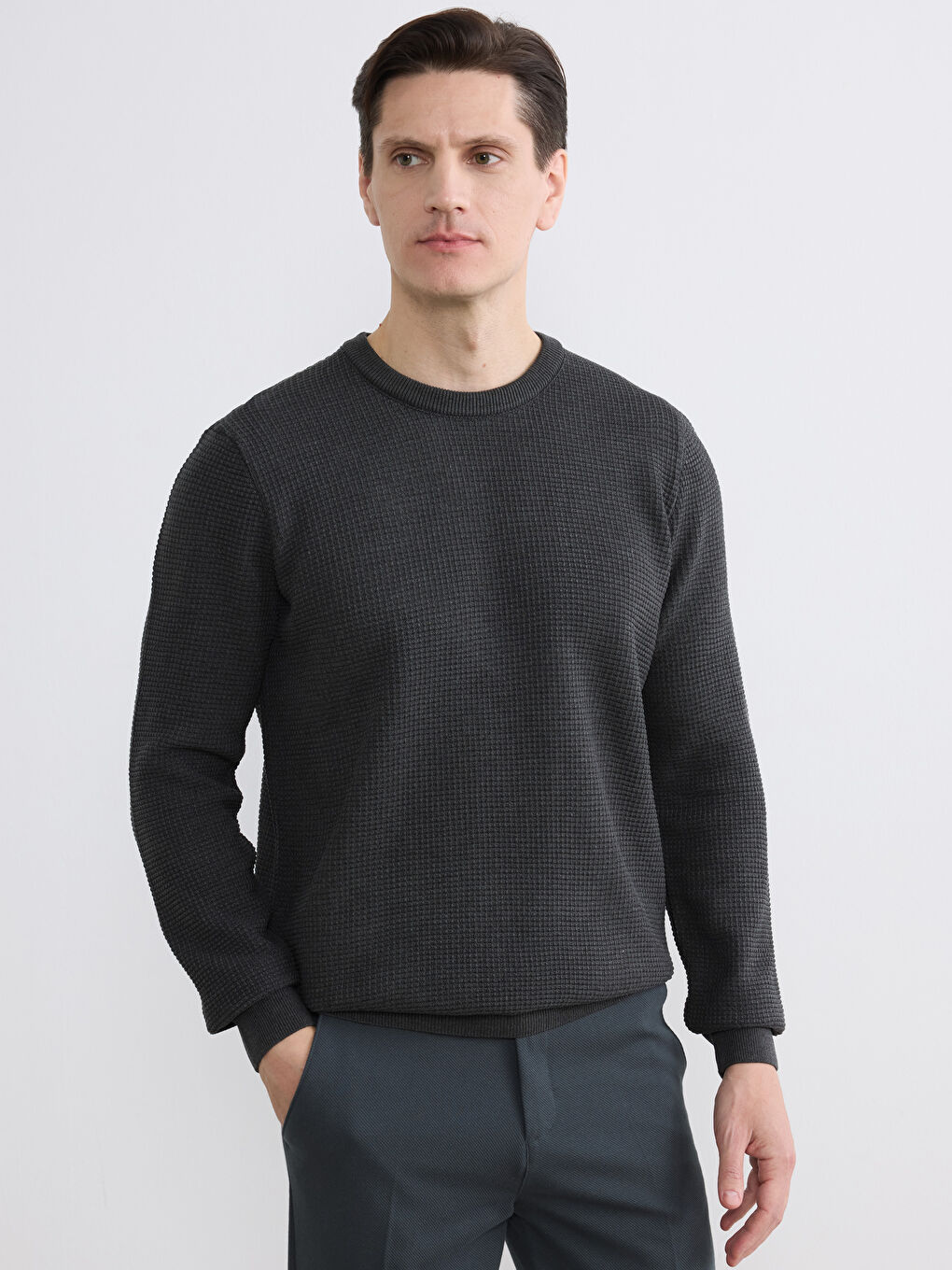 Antrasit Bisiklet Yaka Petek Dokulu Erkek Triko Kazak-2