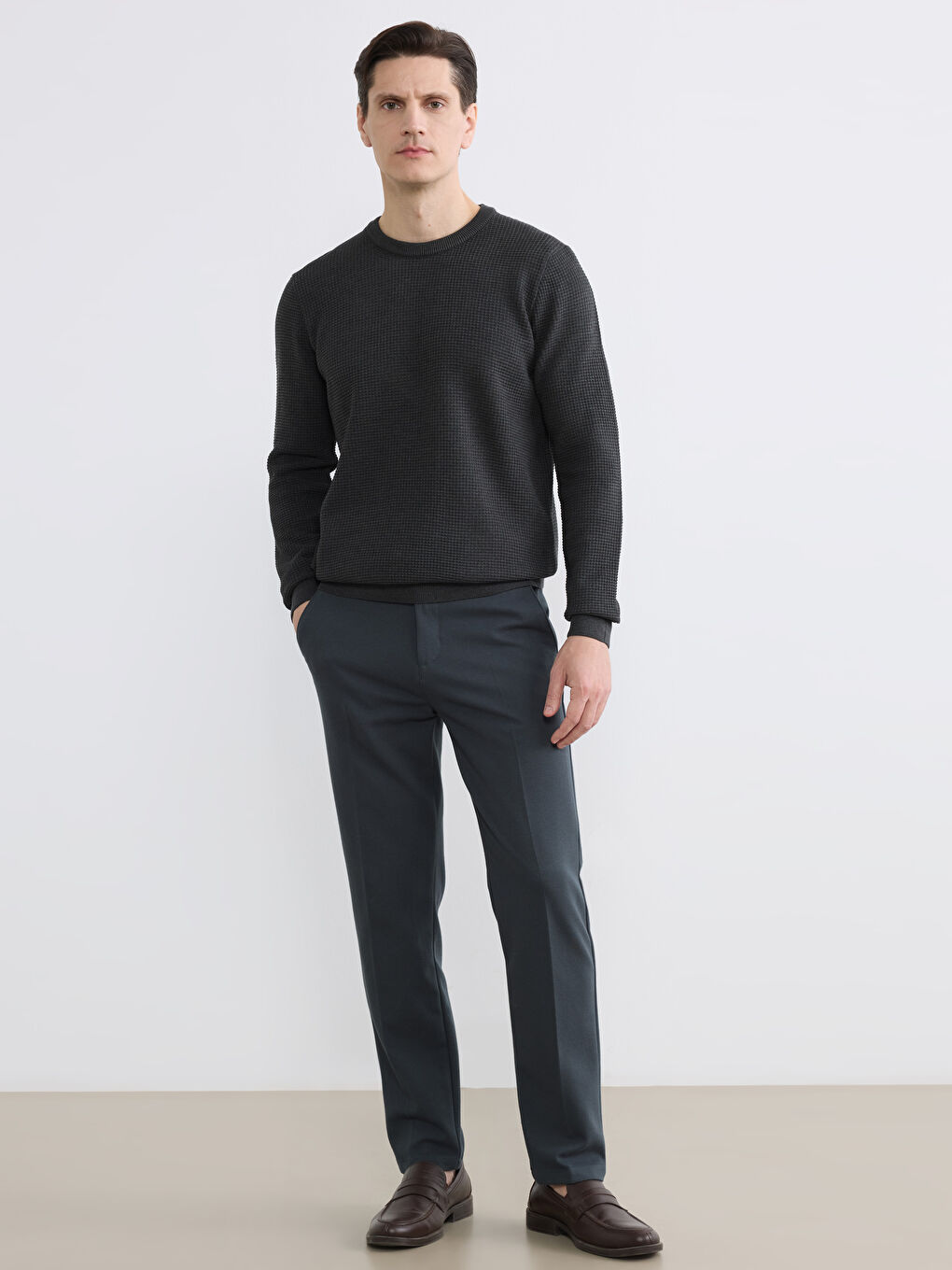 Antrasit Bisiklet Yaka Petek Dokulu Erkek Triko Kazak-3