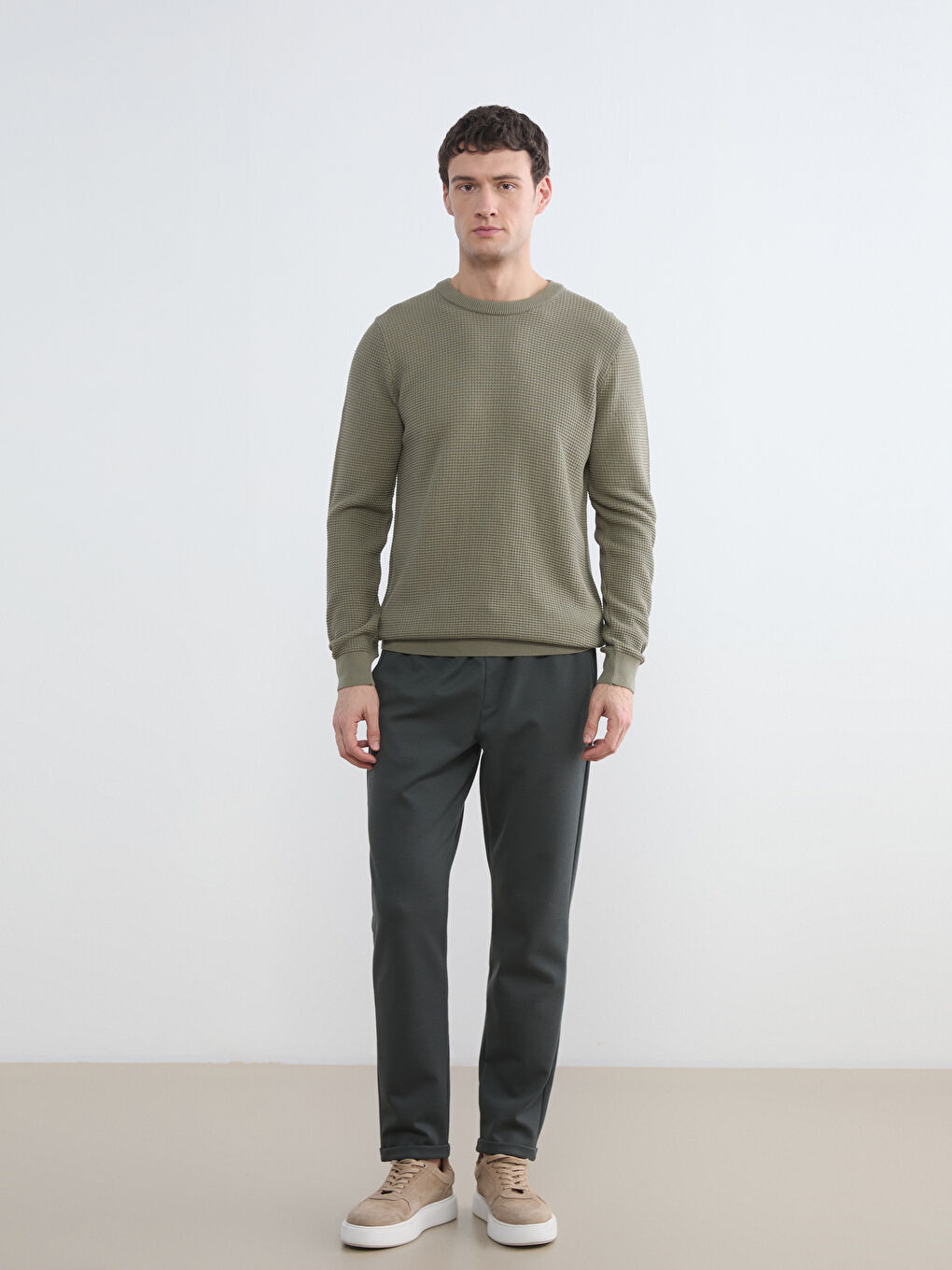 Yeşil Regular Fit Petek Dokulu Erkek Triko Kazak-1