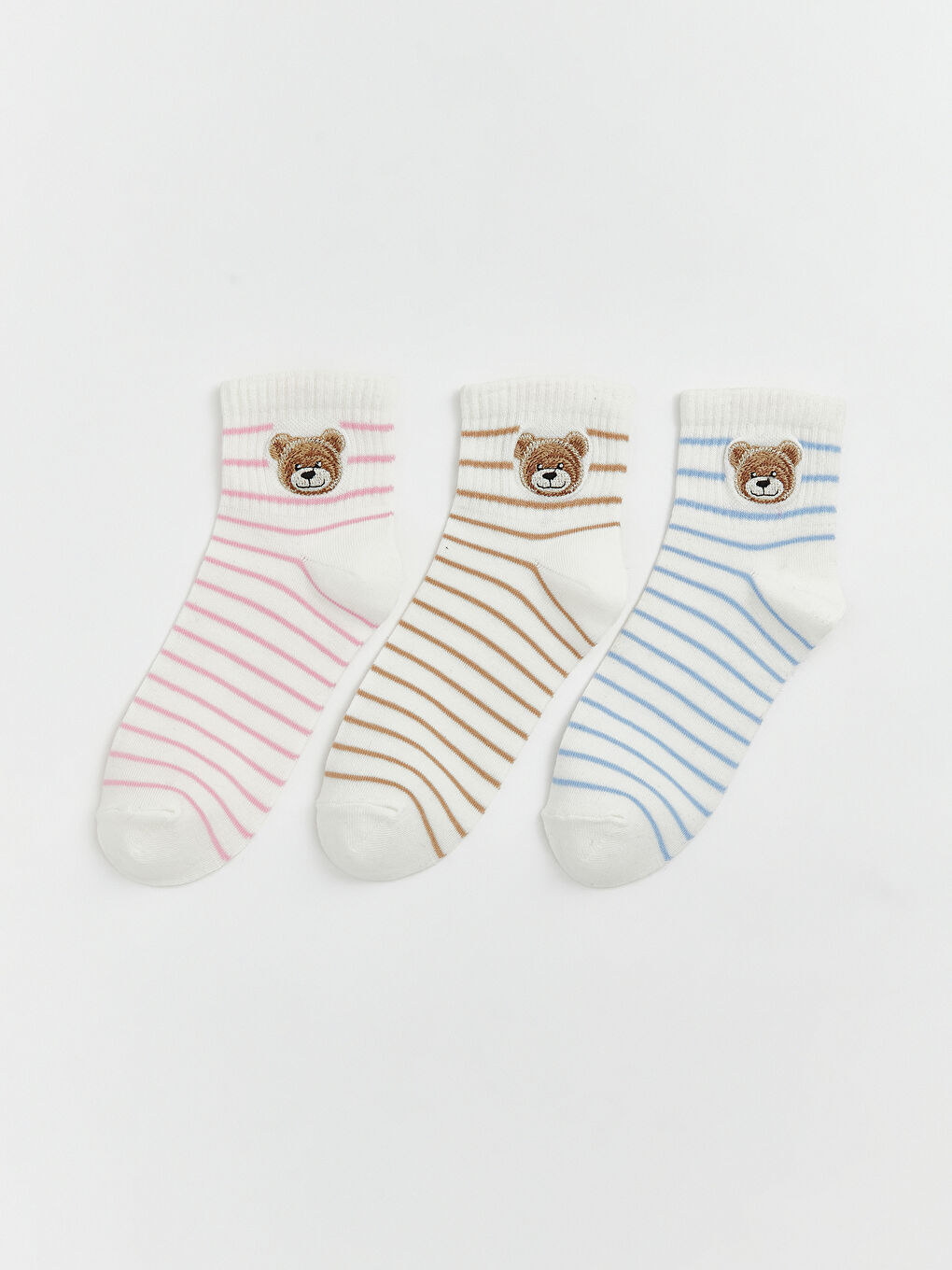 Pembe Çizgili Ayı Nakışlı Kadın Soket Çorap 3'lü