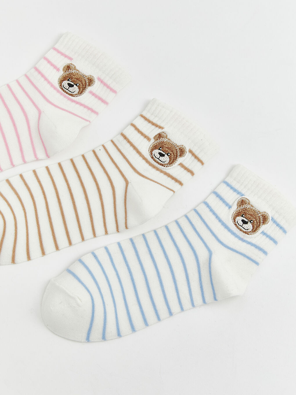Pembe Çizgili Ayı Nakışlı Kadın Soket Çorap 3'lü-1