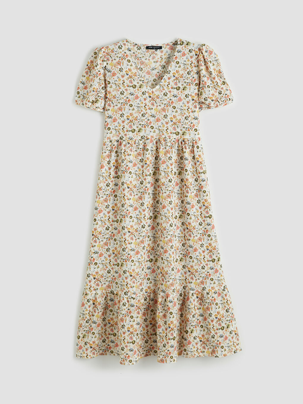 Рокля с V-образно деколте, цветен десен и прибрана талия-3