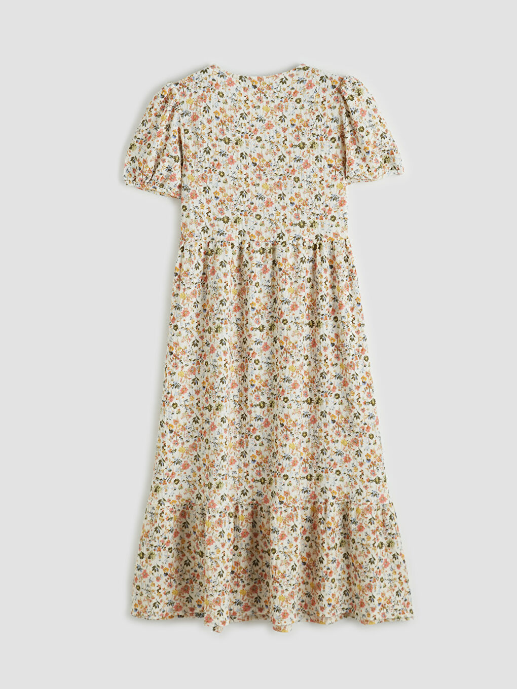 Рокля с V-образно деколте, цветен десен и прибрана талия-4