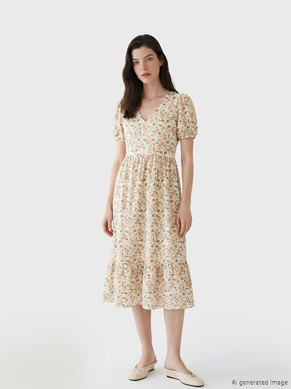 Рокля с V-образно деколте, цветен десен и прибрана талия