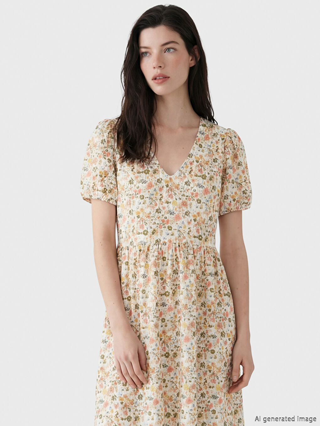 Рокля с V-образно деколте, цветен десен и прибрана талия-1