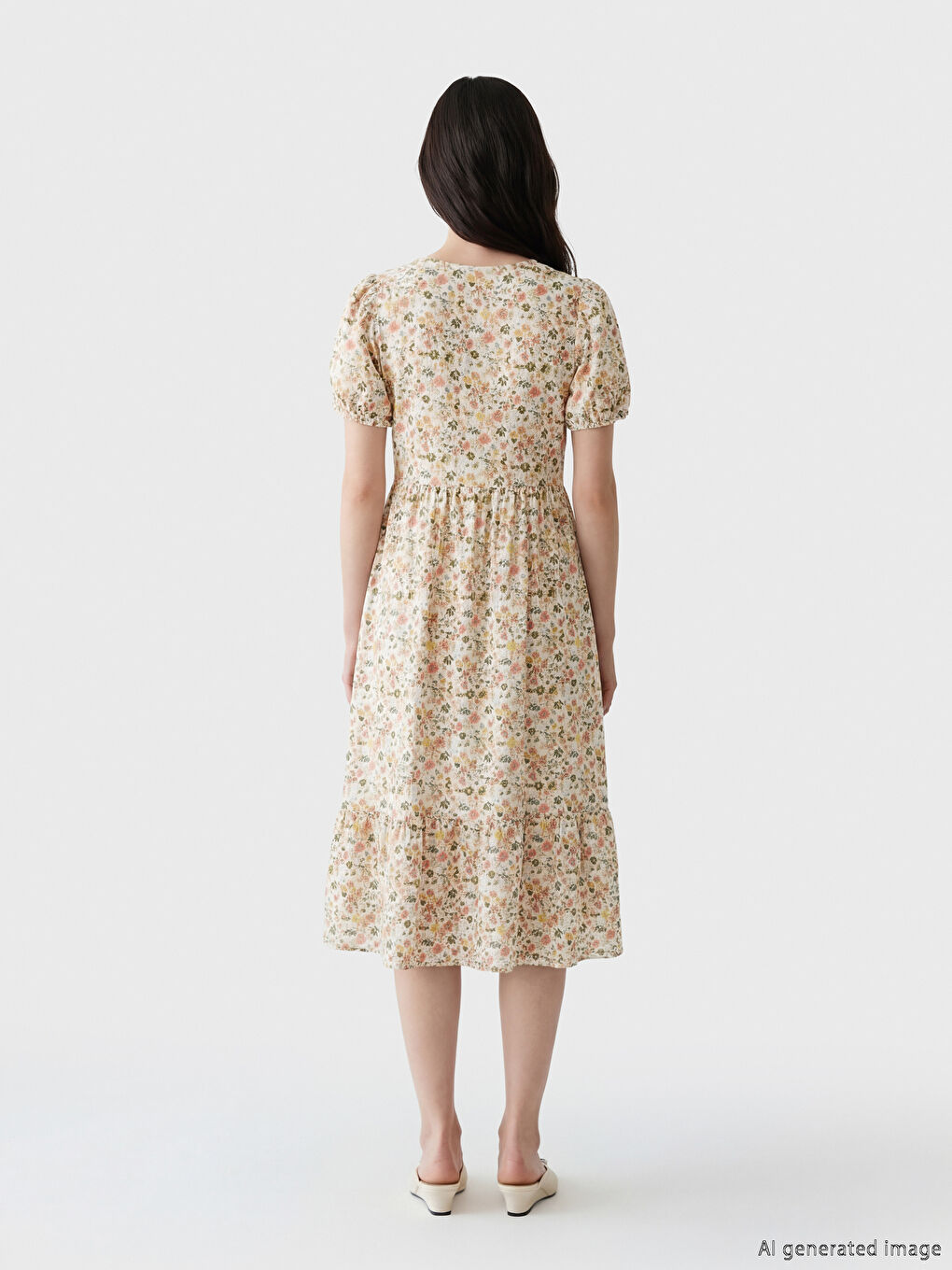 Рокля с V-образно деколте, цветен десен и прибрана талия-2