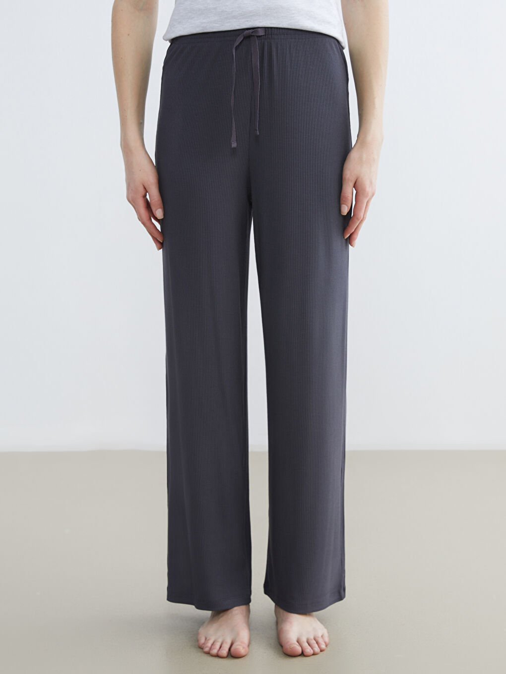 Antrasit Beli Lastikli Fitilli Kadın Pijama Altı-1