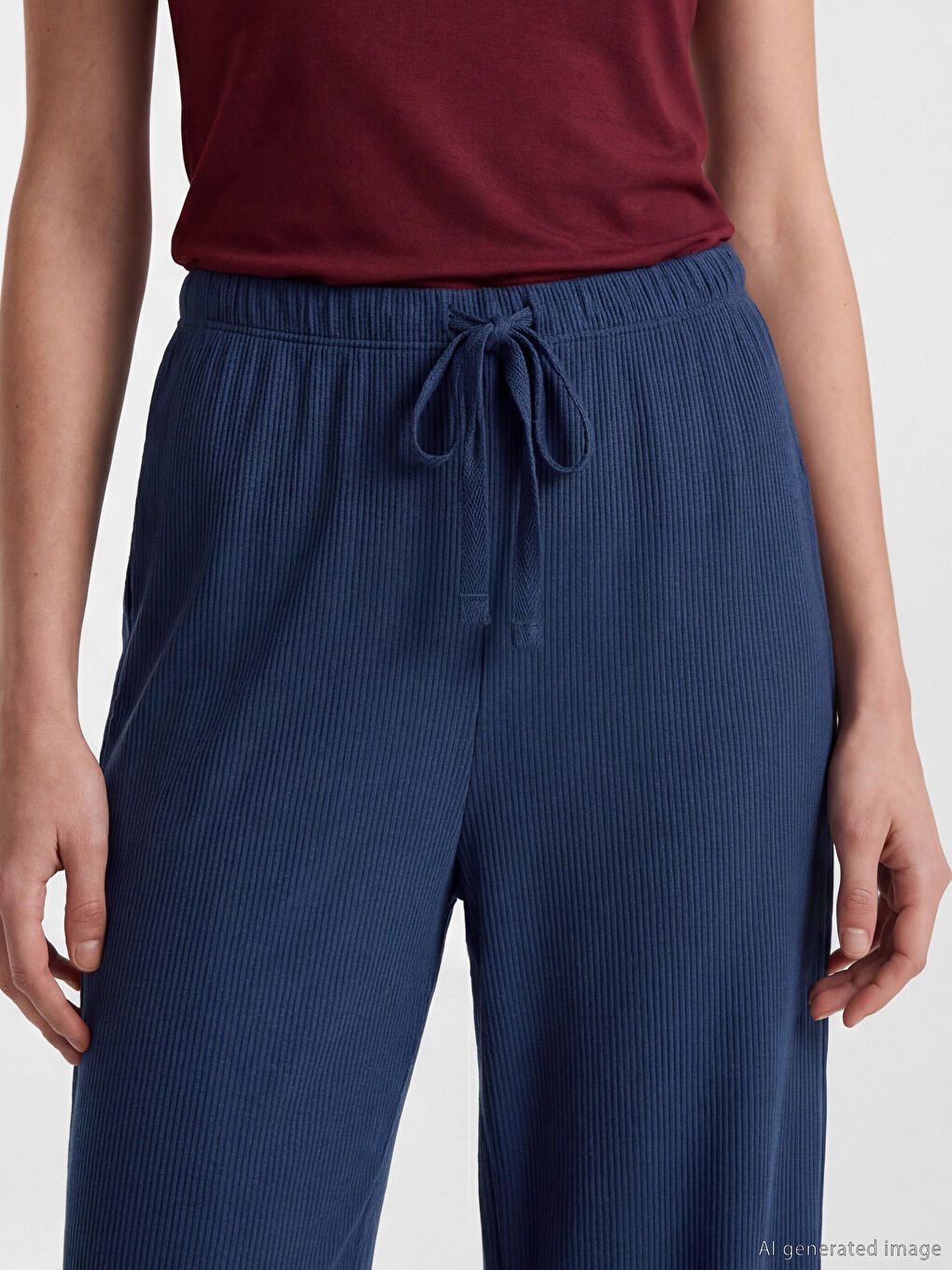 Pantaloni de pijama pentru femei cu talie elastică din tricot striat-2