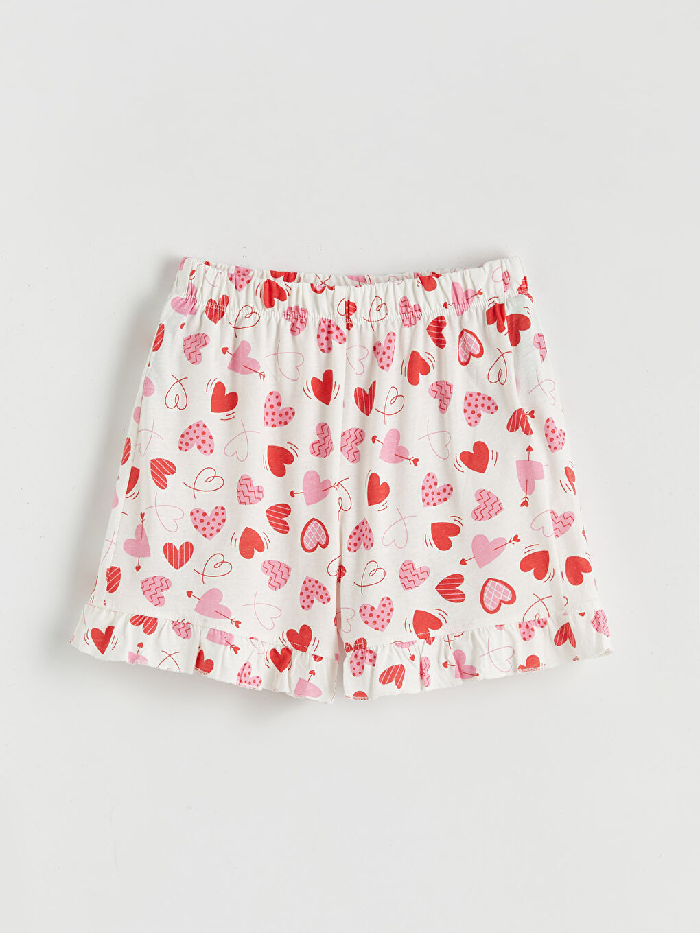 Ekru Kalp Baskılı Kız Çocuk Şortlu Pijama Takımı-3