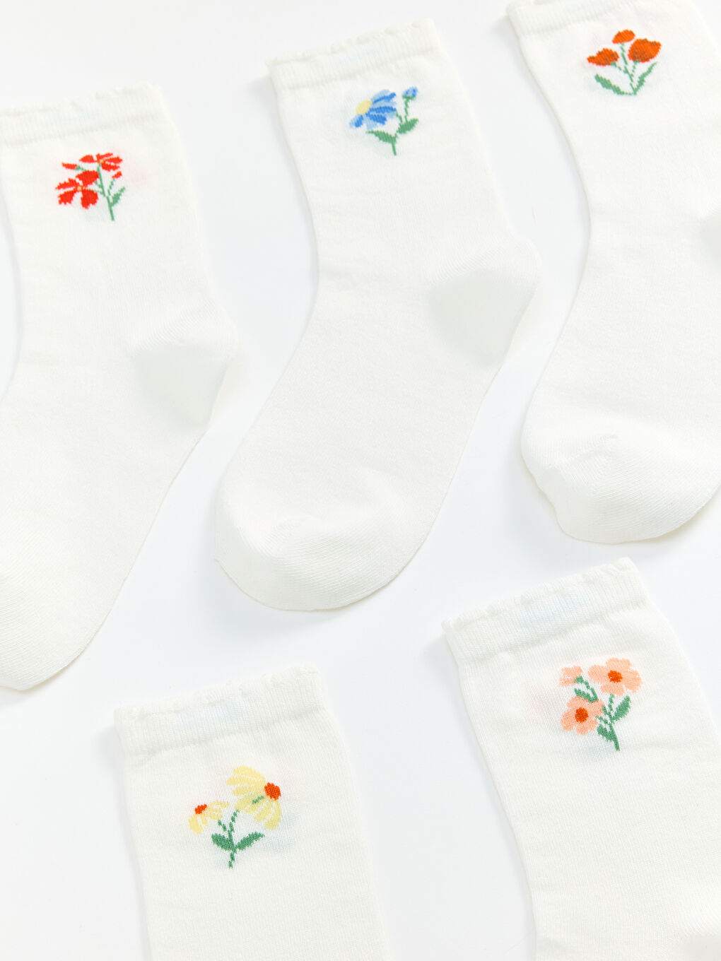 Ekru Çiçekli Kadın Soket Çorap 5'li-1