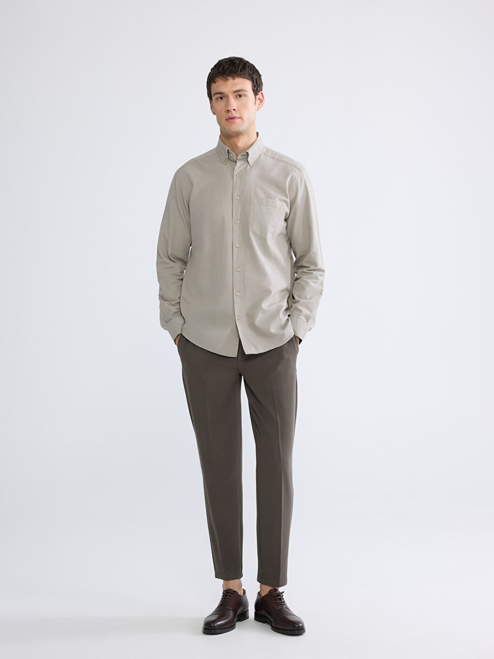 Bej Regular Fit Oxford Erkek Gömlek-1