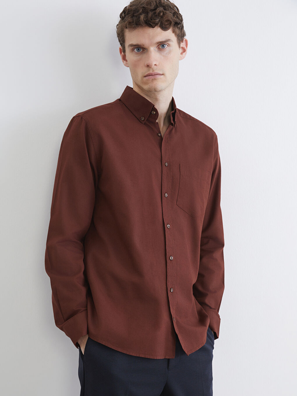 Kahverengi Regular Fit Erkek Oxford Gömlek-1