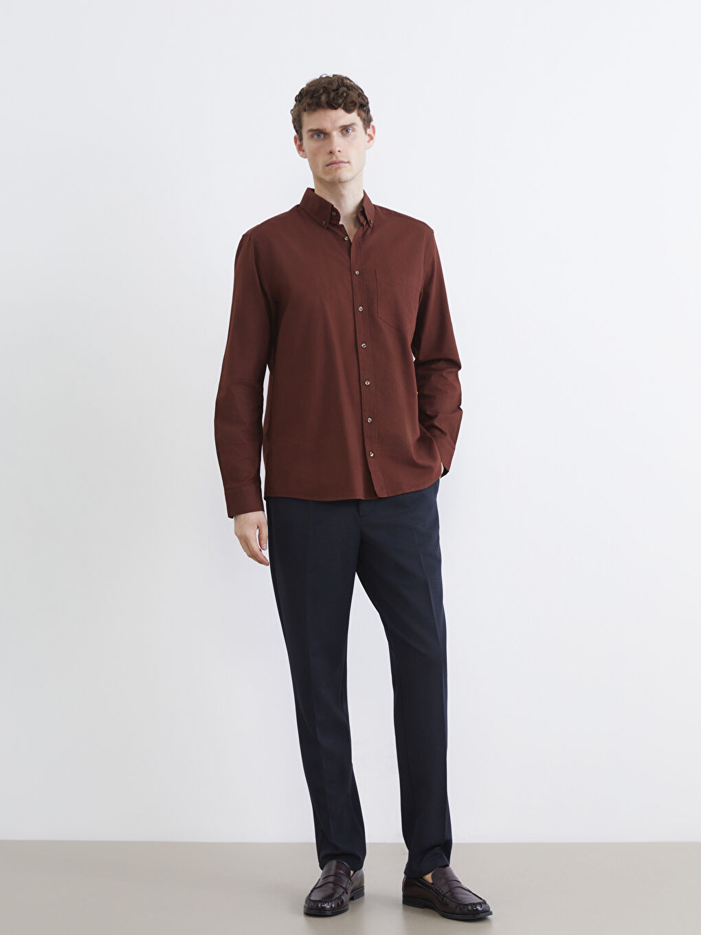 Kahverengi Regular Fit Erkek Oxford Gömlek-2