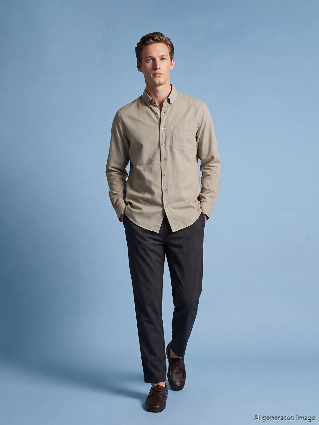 Bej Regular Fit Oxford Erkek Gömlek-1