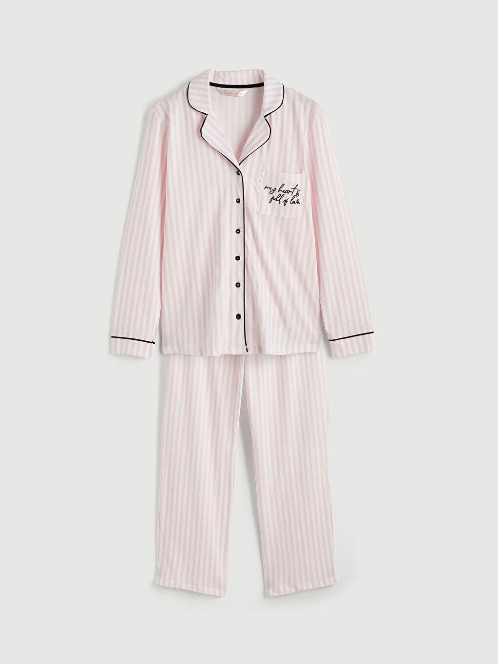 Ekru Gömlek Yaka Nakışlı Kadın Pijama Takım