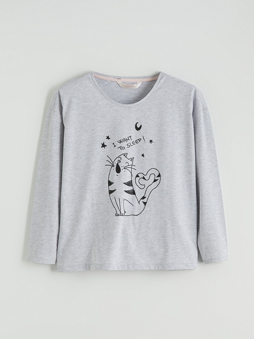 Gri Bisiklet Yaka Kedi Baskılı Kadın Pijama Üstü