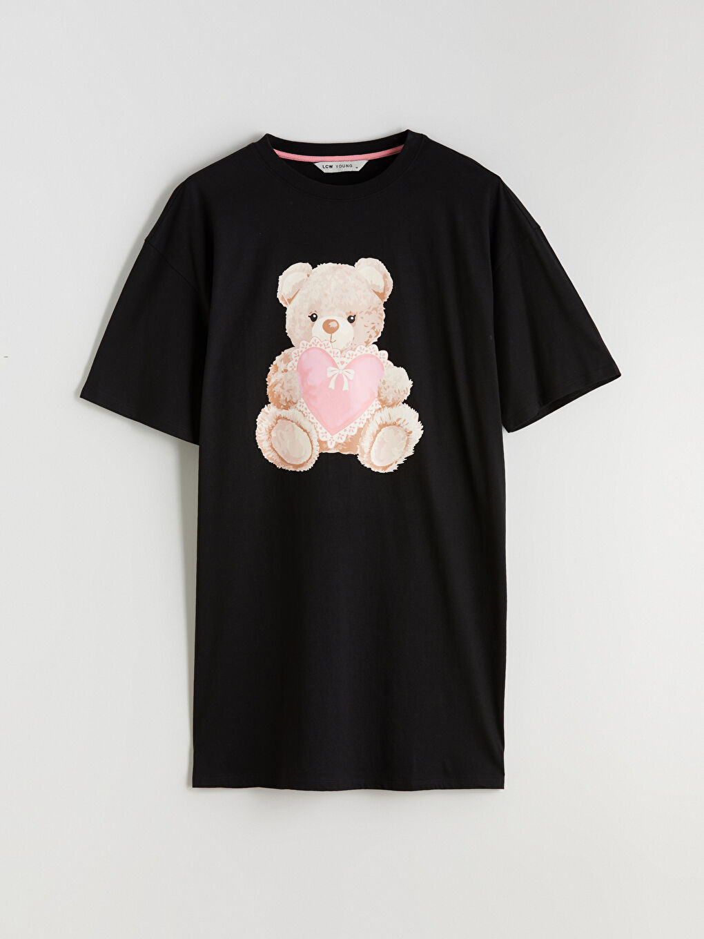 Siyah Bisiklet Yaka Ayı Teddy Baskılı Kadın Gecelik-4