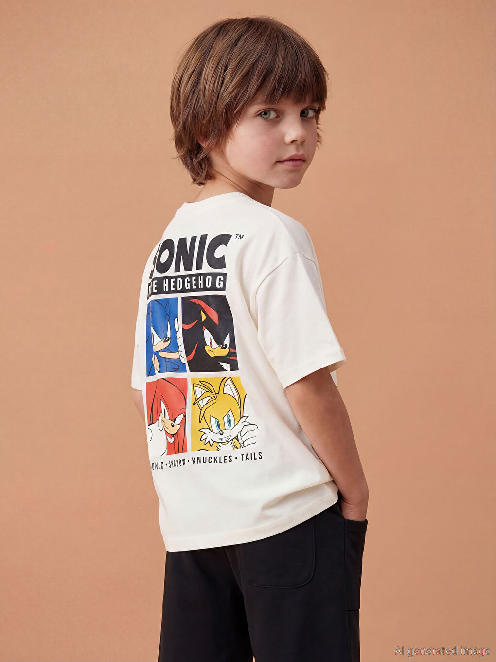 Bej Sonic Baskılı Erkek Çocuk Tişört-1