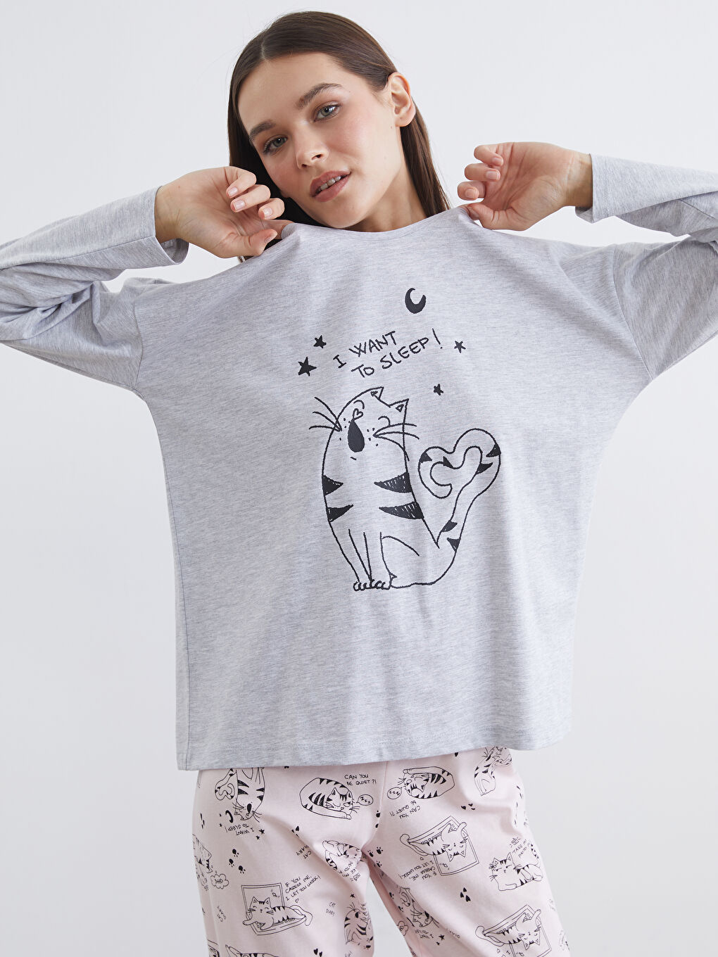 Pembe Kedi Baskılı Kadın Pijama Takımı