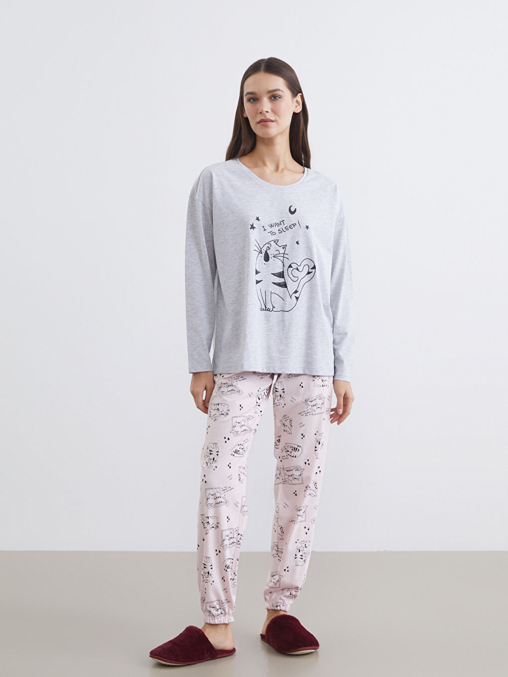 Pembe Kedi Baskılı Kadın Pijama Takımı-1