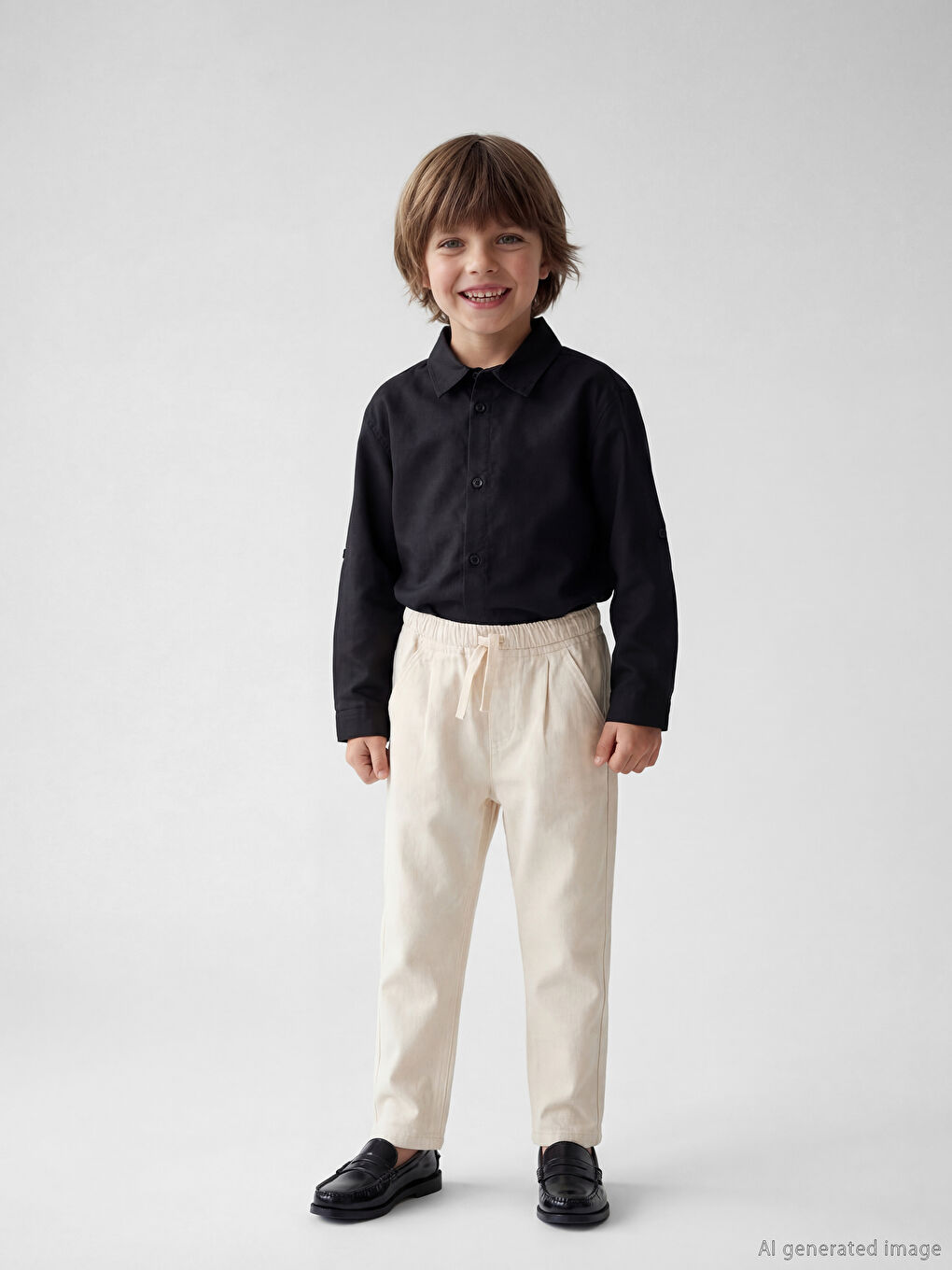 Bej Beli Lastikli Keten Karışımlı Erkek Çocuk Pantolon-1