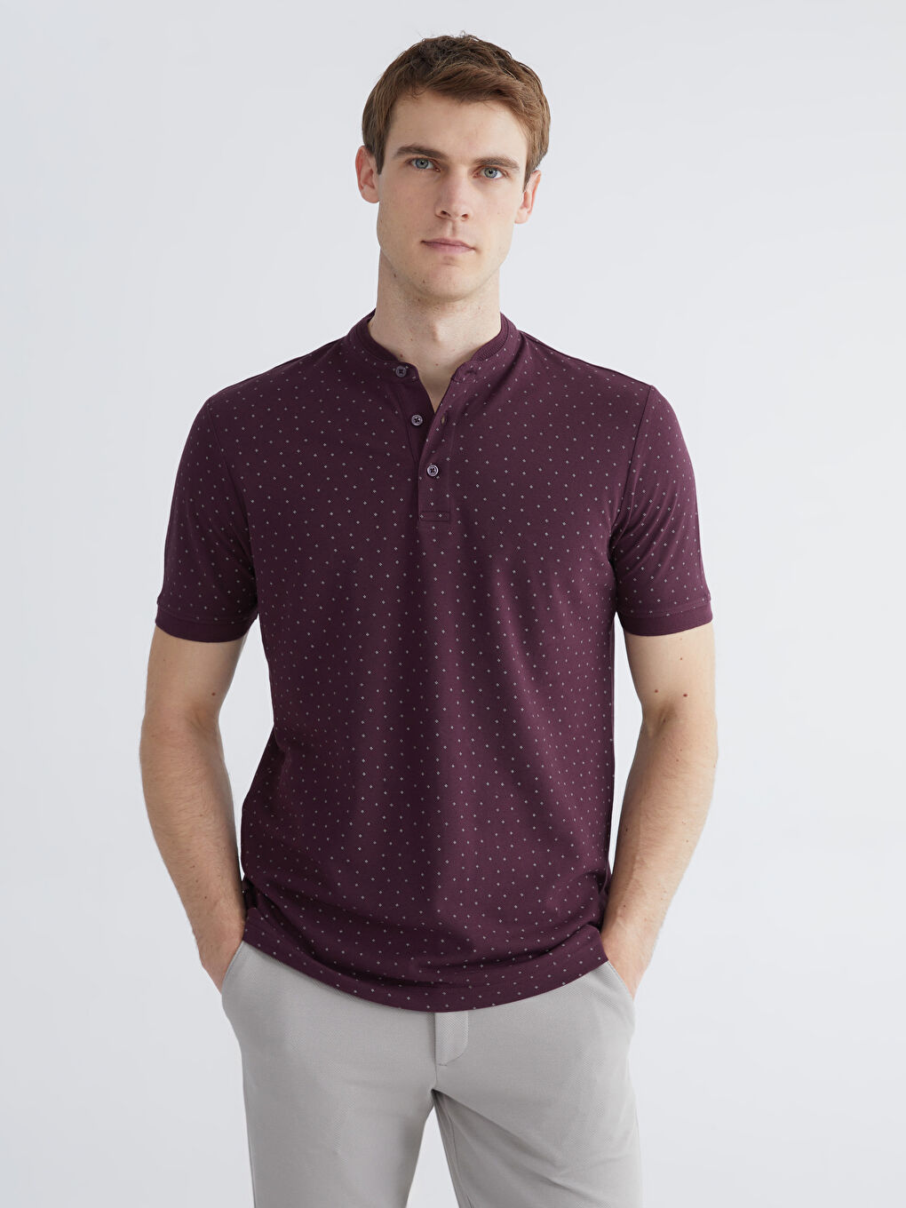 Großvaterkragen Gemustertes Piqué T-Shirt für Herren