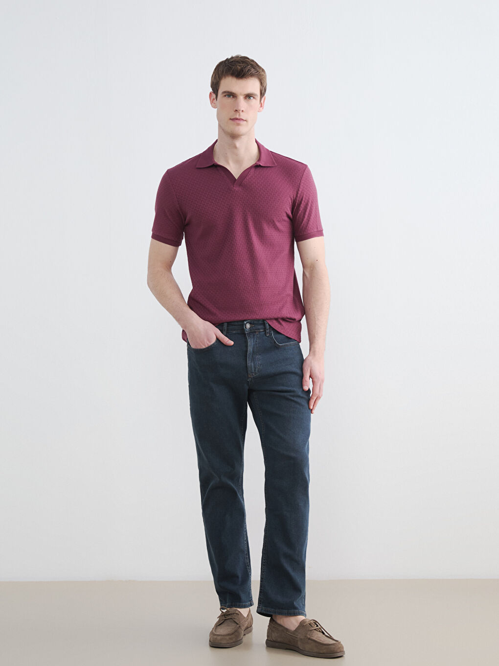 Bordo Polo Yaka Strüktürlü Erkek Tişört	-1
