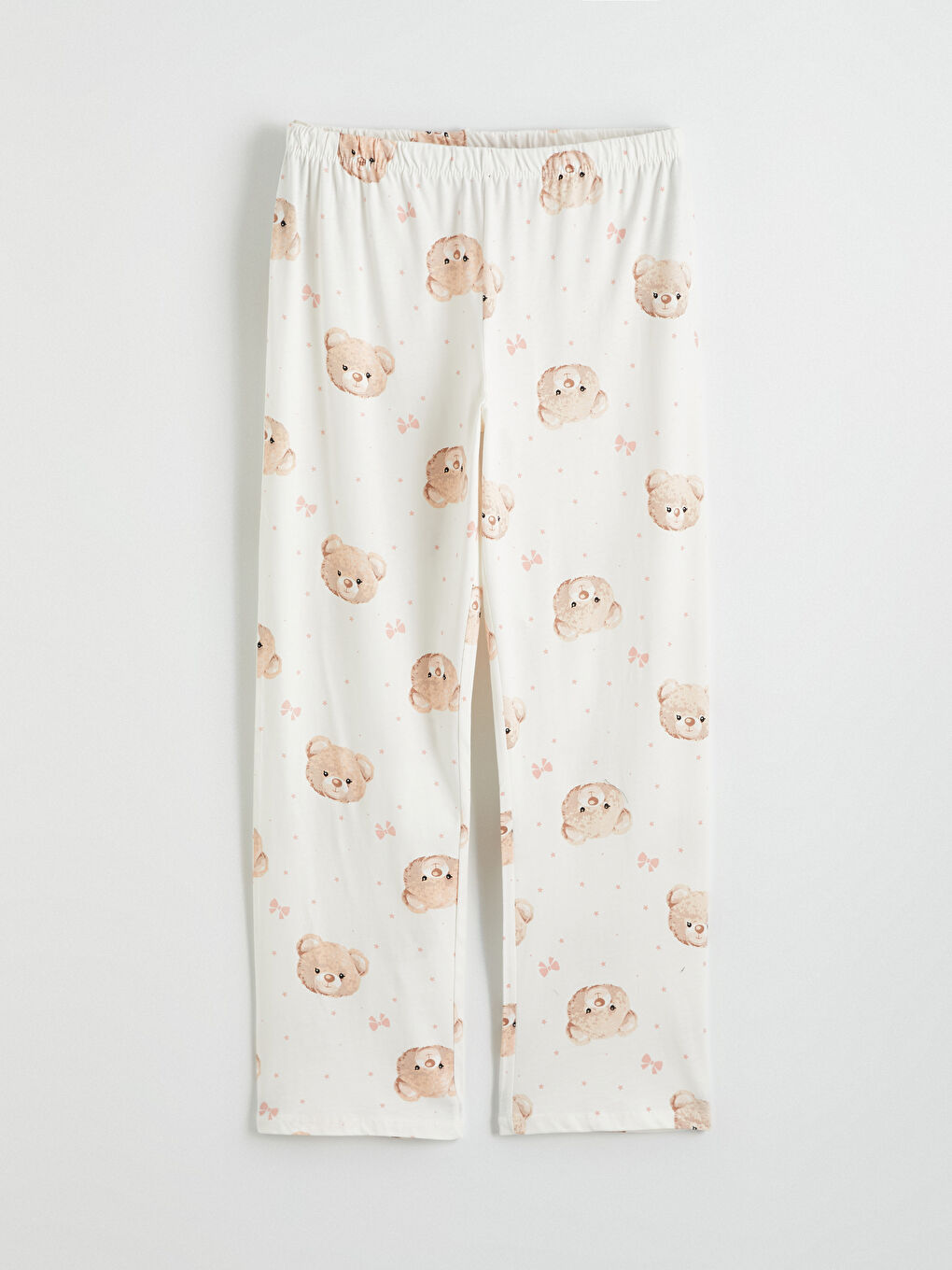 Ekru Beli Lastikli Ayı Baskılı Kadın Pijama Altı