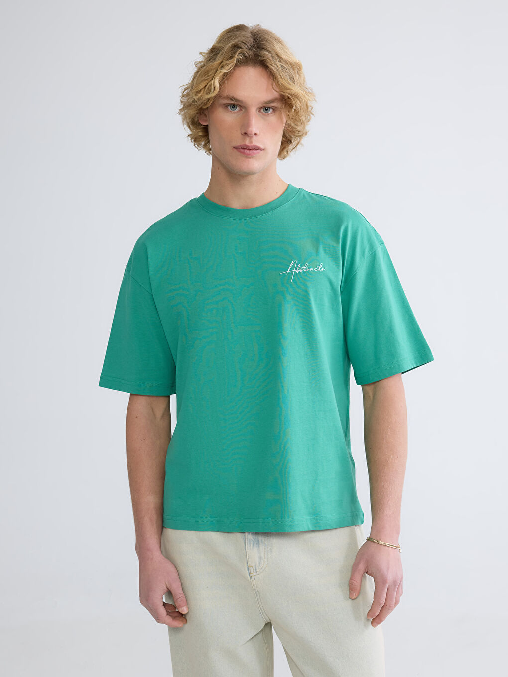 Yeşil Oversize Fit Bisiklet Yaka Nakışlı Erkek Tişört