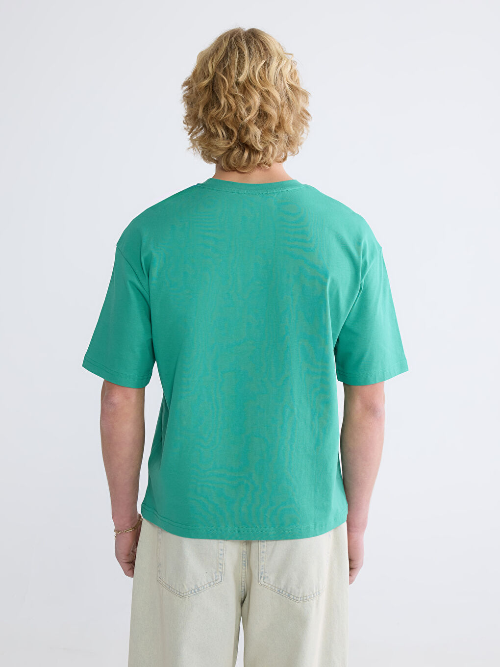 Yeşil Oversize Fit Bisiklet Yaka Nakışlı Erkek Tişört-3