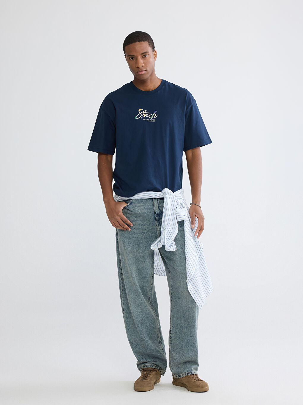 Lacivert Bisiklet Yaka Baskılı Erkek Tişört-1