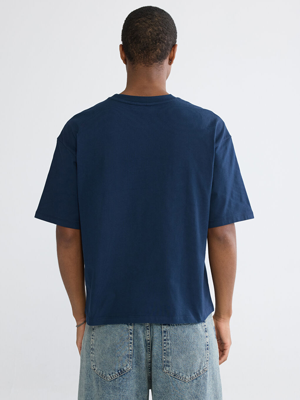 Lacivert Bisiklet Yaka Baskılı Erkek Tişört-3