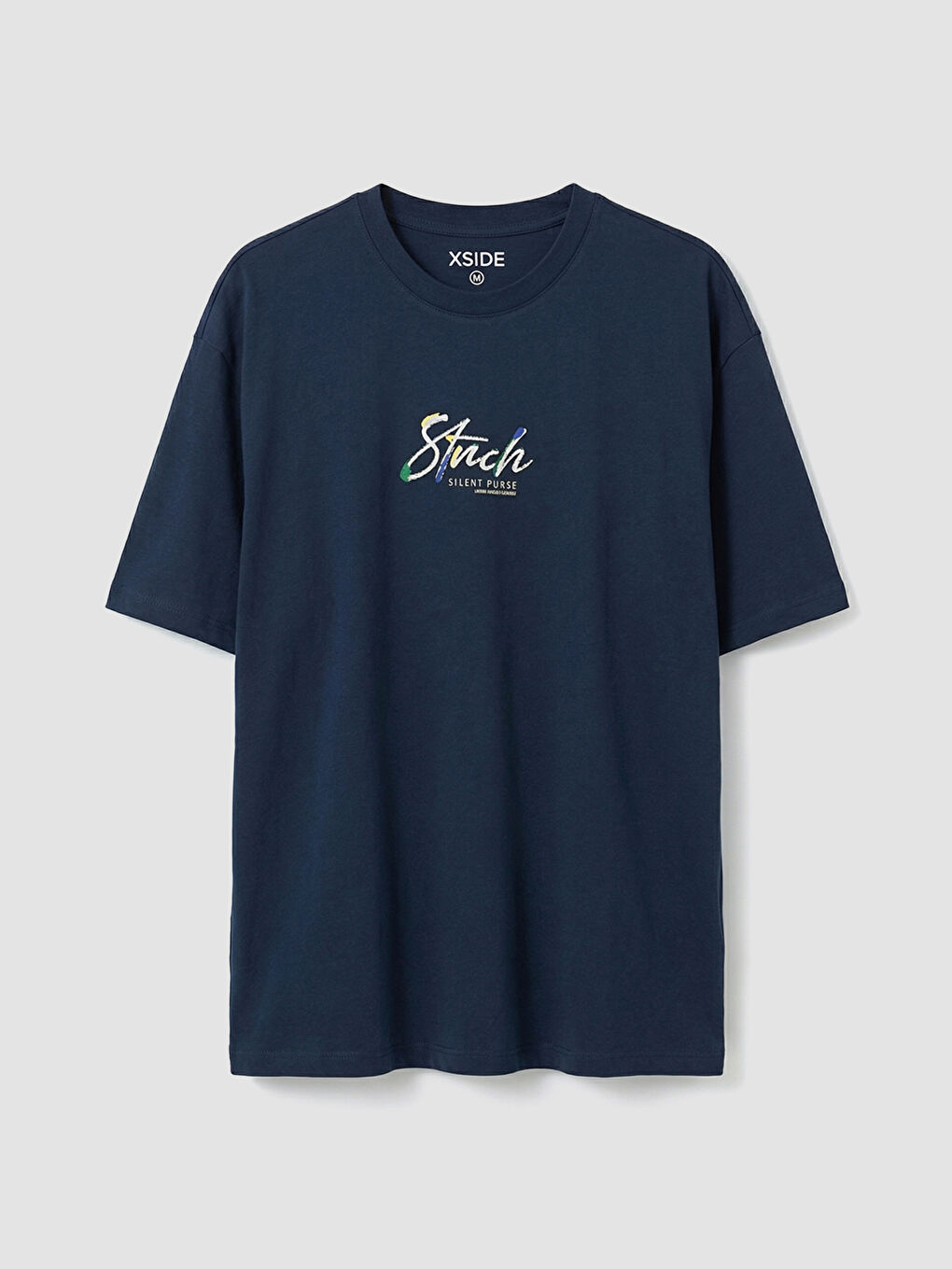 Lacivert Bisiklet Yaka Baskılı Erkek Tişört-4