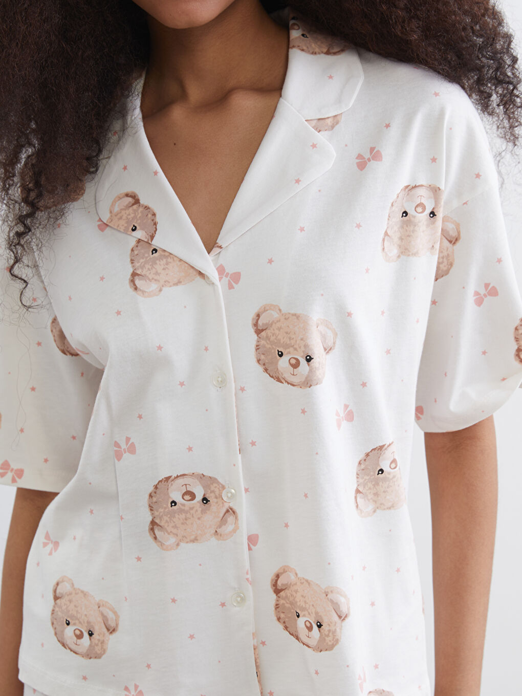 Ekru Ayı Teddy Baskılı Kadın Şortlu Pijama Takımı-2