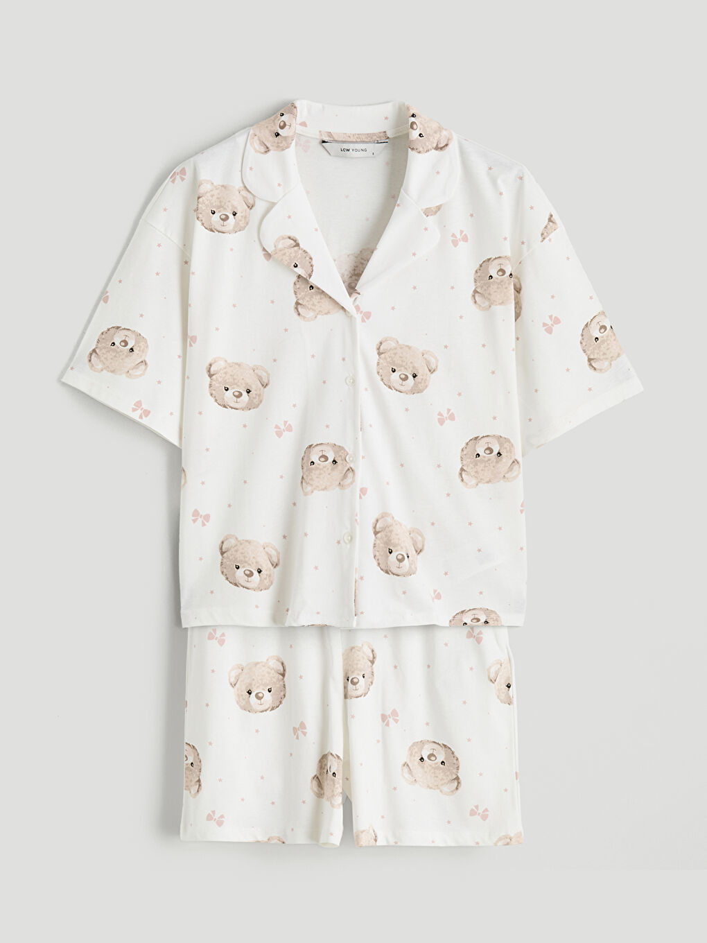 Ekru Ayı Teddy Baskılı Kadın Şortlu Pijama Takımı-4