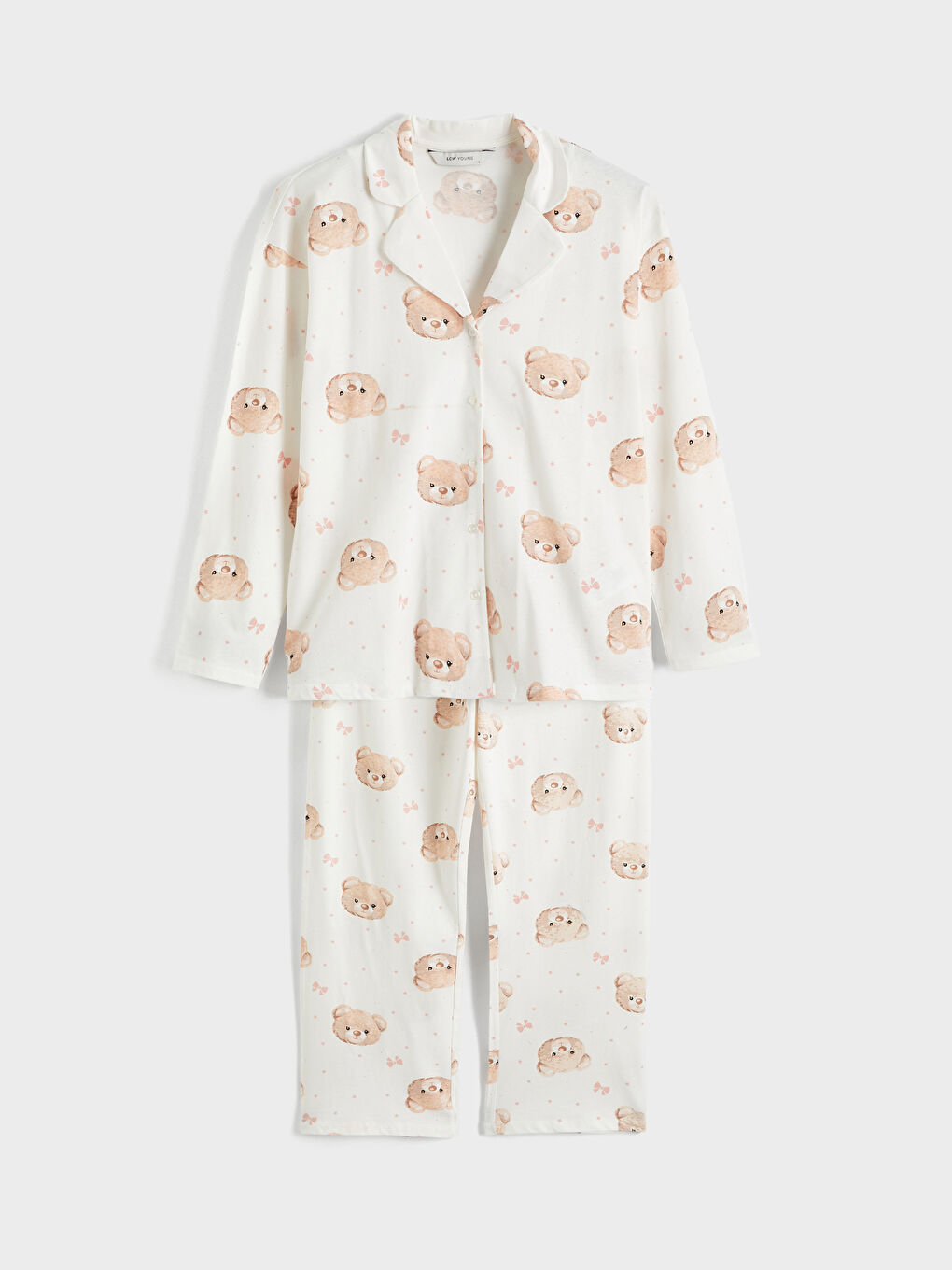 Ekru Gömlek Yaka Ayı Baskılı Kadın Pijama Takım
