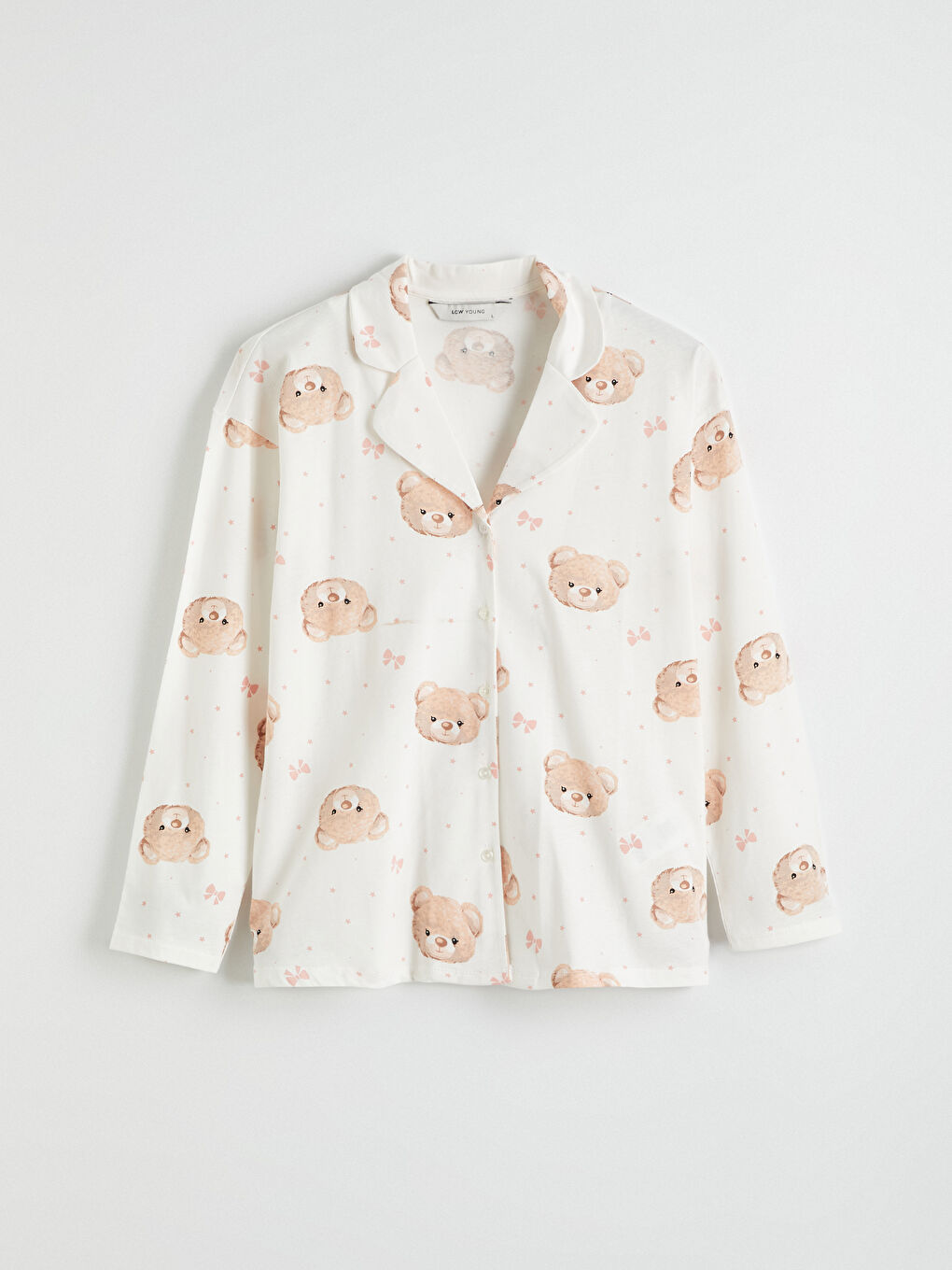 Ekru Gömlek Yaka Ayı Baskılı Kadın Pijama Takım-1