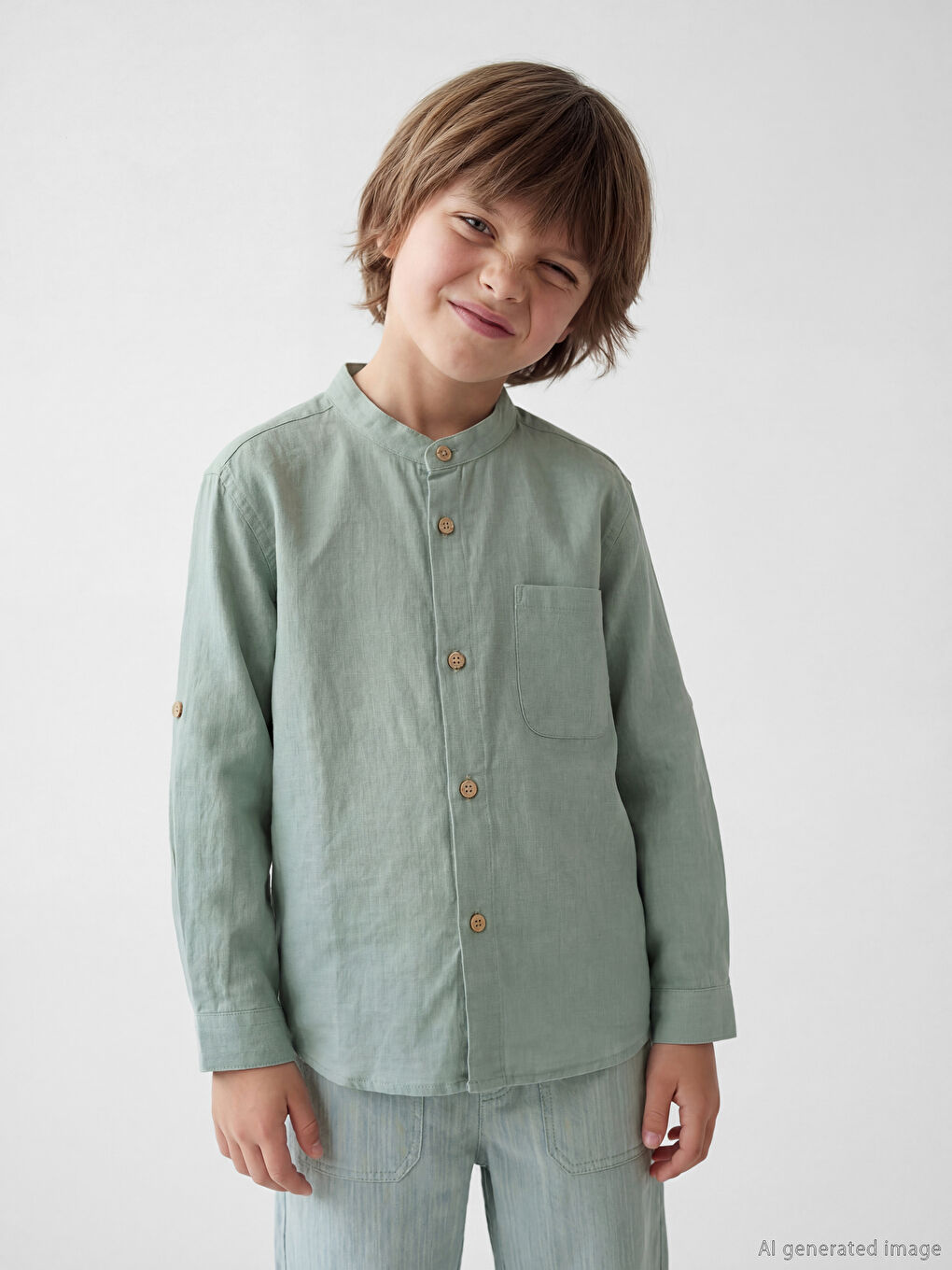 Yeşil Hakim Yaka Uzun Kollu Erkek Çocuk Gömlek
