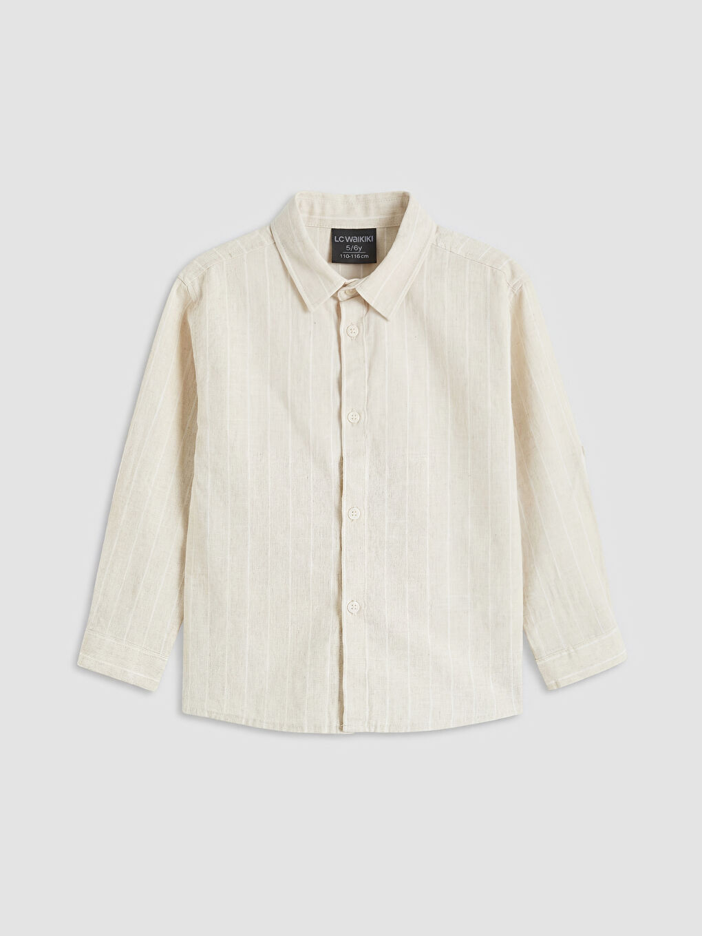 Bej Çizgili Keten Karışımlı Erkek Çocuk Gömlek